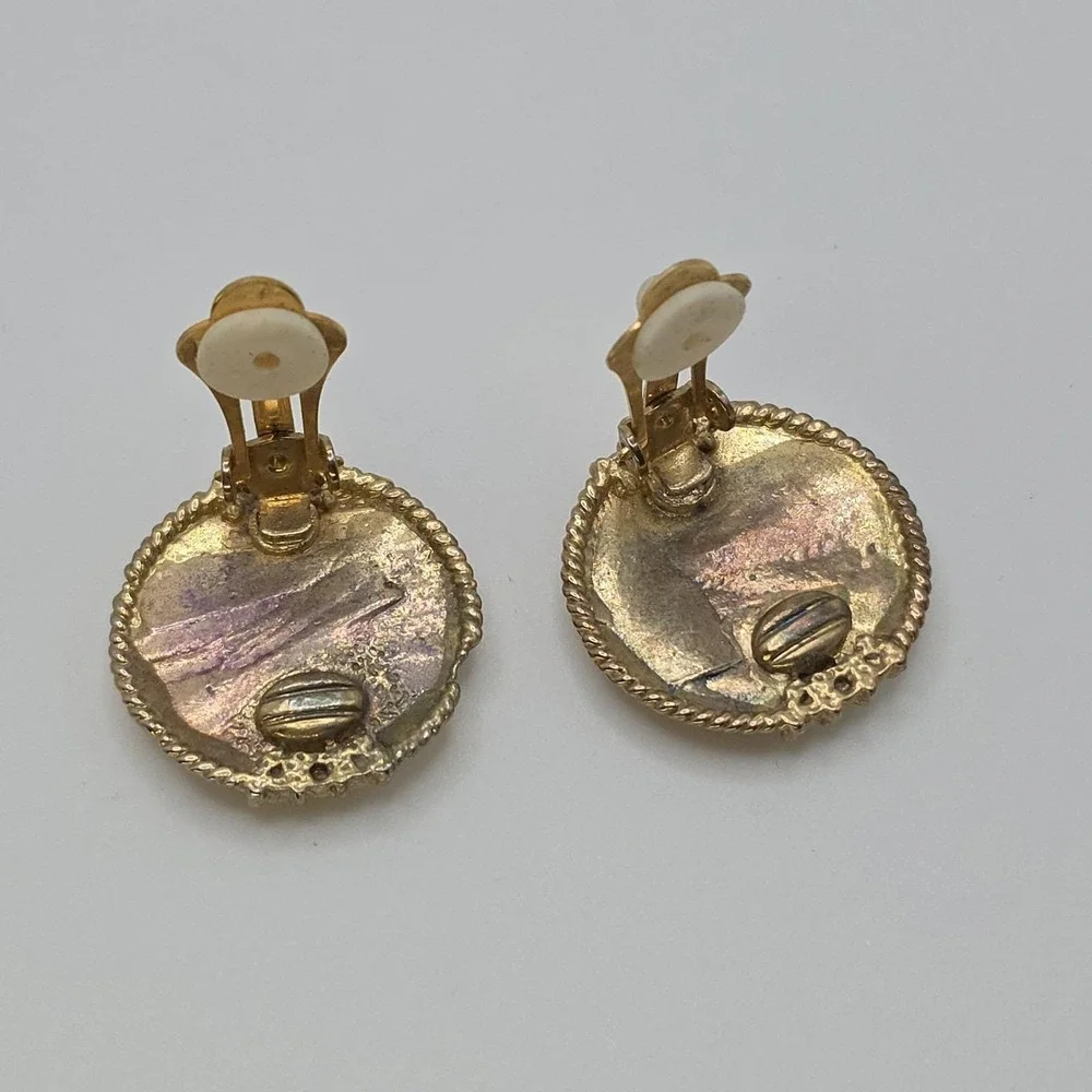 Vtg Cloisonne Butterfly Flower Earrings‎ Purple Red Gold Tone Leaf Disc Clip-Ons